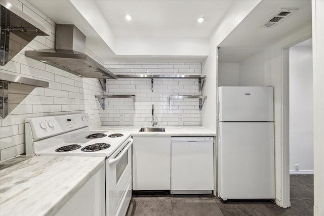 2503 Mccue Rd Unit 23, Houston, TX 77056 - kitchen featuring white appliances, wall chimney range hood, open shelves, a sink, and decorative backsplash