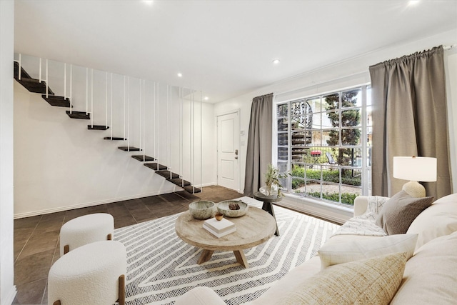 2503 Mccue Rd Unit 23, Houston, TX 77056 - tiled living room with stairway, recessed lighting, and baseboards