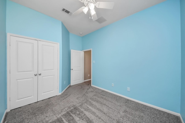 12427 Point Arbor Ct, Tomball, TX 77377 - unfurnished bedroom featuring a closet, ceiling fan, baseboards, carpet flooring, and visible vents