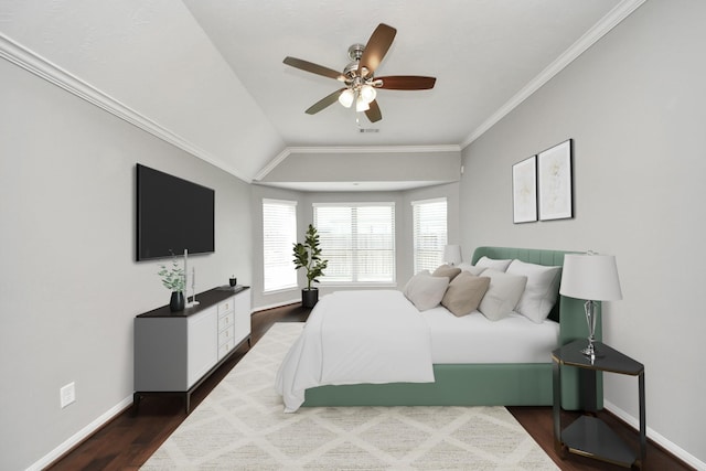 12427 Point Arbor Ct, Tomball, TX 77377 - bedroom featuring baseboards, lofted ceiling, ceiling fan, crown molding, and dark wood-type flooring
