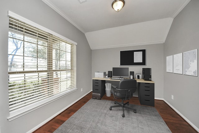 12427 Point Arbor Ct, Tomball, TX 77377 - home office featuring vaulted ceiling, wood finished floors, and ornamental molding