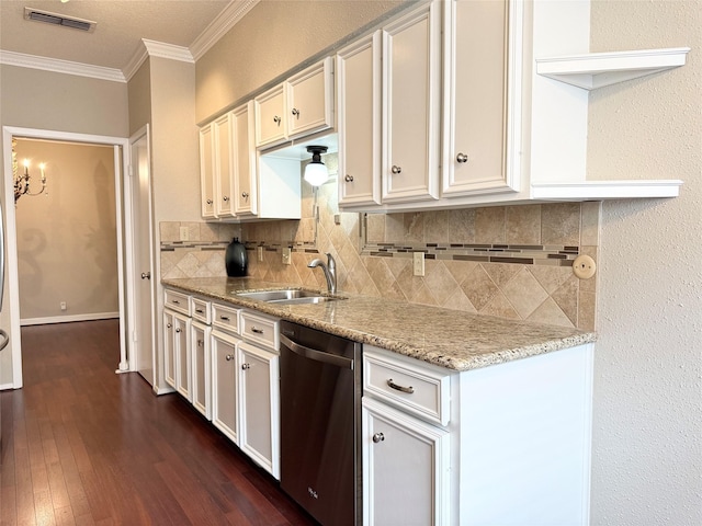 2323 Augusta Dr Unit 36, Houston, TX 77057 - kitchen featuring dishwasher, ornamental molding, tasteful backsplash, dark wood finished floors, and light stone counters