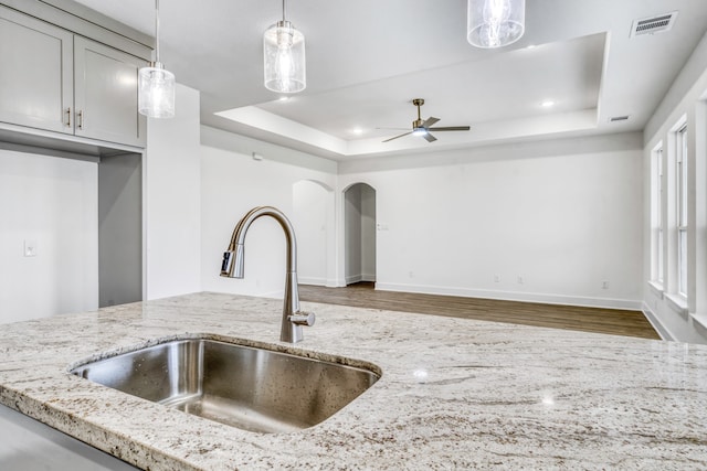 kitchen with a tray ceiling, light stone counters, wood finished floors, and a sink