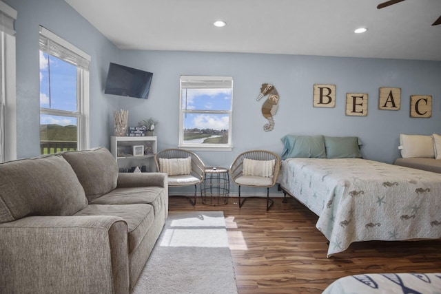 979 Sea Spray Dr, Crystal Beach, TX 77650 - bedroom featuring recessed lighting, multiple windows, and wood finished floors