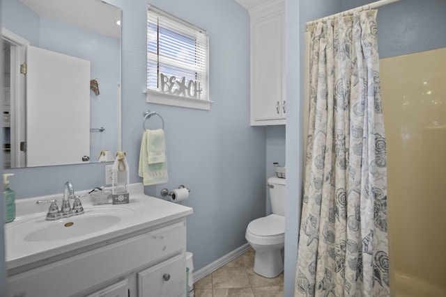 979 Sea Spray Dr, Crystal Beach, TX 77650 - bathroom with a shower with shower curtain, toilet, vanity, and tile patterned flooring