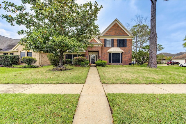 view of front of property with brick siding and a front lawn