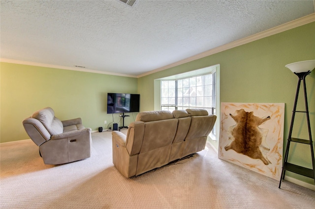 living room featuring a textured ceiling, ornamental molding, and carpet flooring