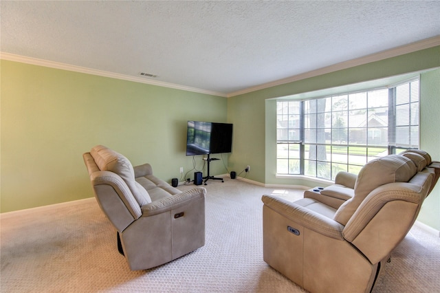 carpeted living area featuring crown molding, a textured ceiling, visible vents, and baseboards