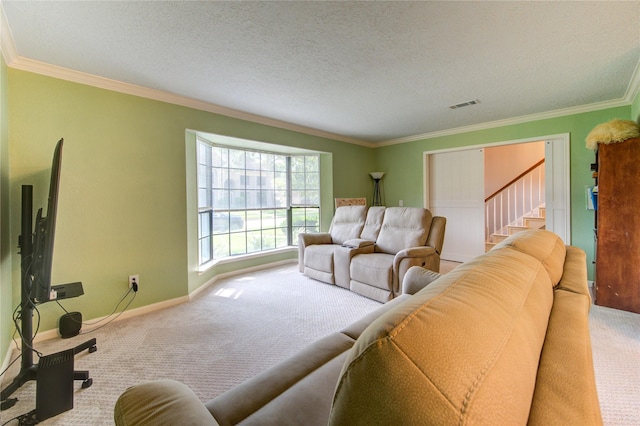 carpeted living room featuring baseboards, visible vents, stairway, and crown molding