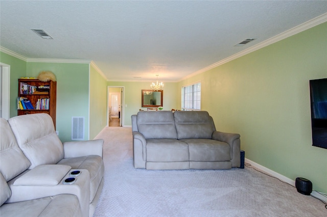 living room featuring crown molding, a notable chandelier, and visible vents