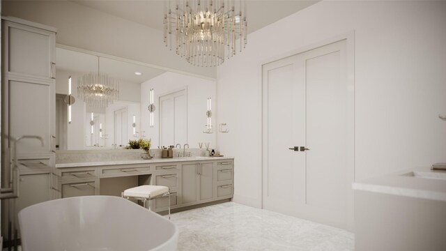 2244 N Blvd, Houston, TX 77098 - bathroom featuring a freestanding tub, vanity, and an inviting chandelier