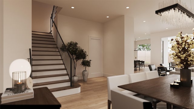 2244 N Blvd, Houston, TX 77098 - dining space featuring light wood-type flooring, stairway, recessed lighting, and baseboards