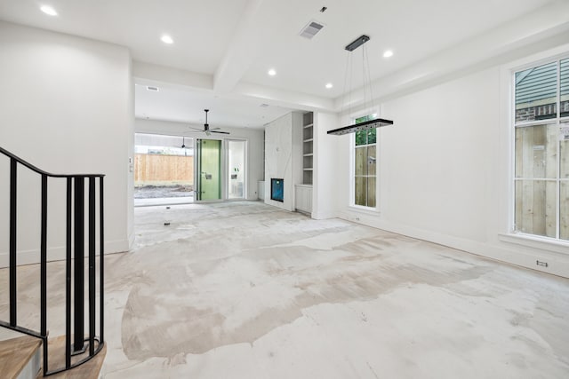 2244 N Blvd, Houston, TX 77098 - unfurnished living room with baseboards, recessed lighting, visible vents, beamed ceiling, and a ceiling fan