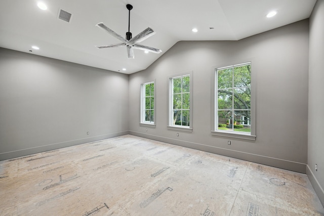 2244 N Blvd, Houston, TX 77098 - unfurnished room with recessed lighting, lofted ceiling, visible vents, and a ceiling fan