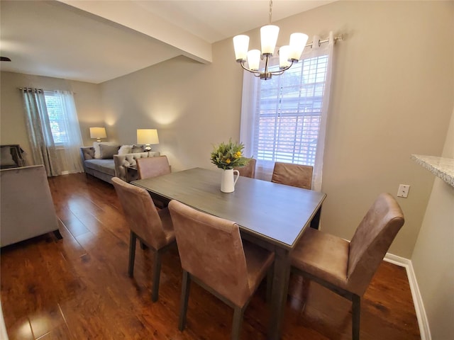 dining space with an inviting chandelier, dark wood-type flooring, beamed ceiling, and baseboards