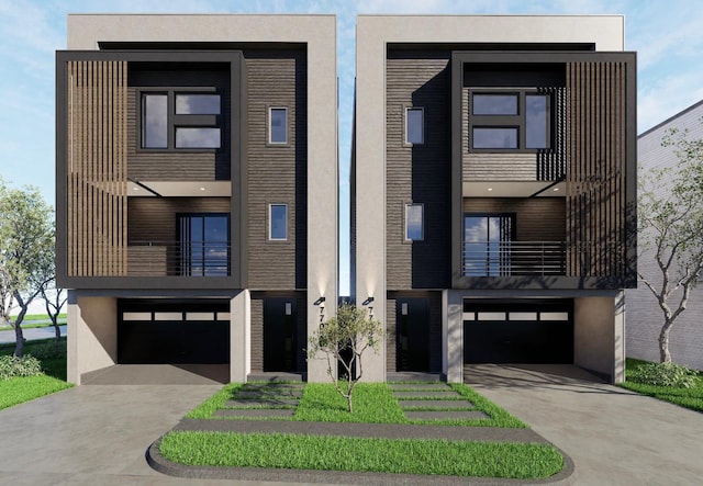 5505 Hershe St, Houston, TX 77020 - contemporary home with stucco siding, a garage, a balcony, and driveway