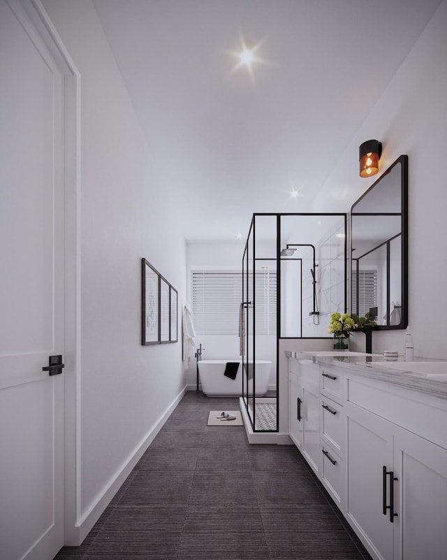 5505 Hershe St, Houston, TX 77020 - full bathroom with double vanity, a freestanding bath, and a stall shower