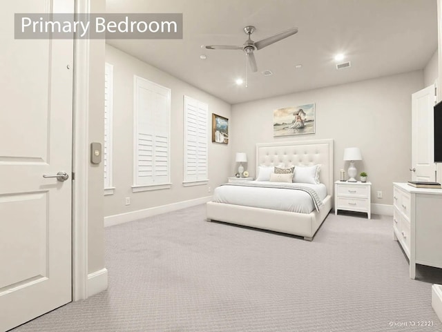 bedroom featuring baseboards, recessed lighting, carpet flooring, and a ceiling fan