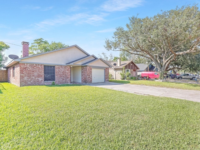 ranch-style home with brick siding, a front lawn, concrete driveway, a chimney, and a garage