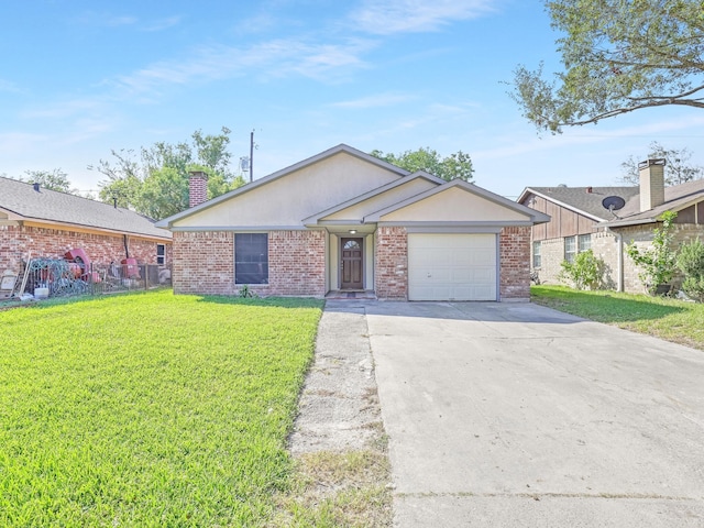 ranch-style house featuring brick siding, an attached garage, concrete driveway, and a front lawn