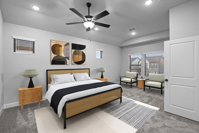 bedroom featuring recessed lighting, visible vents, carpet floors, and vaulted ceiling