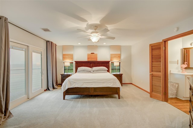 456 S Burnett Dr, Baytown, TX 77520 - bedroom with baseboards, access to exterior, visible vents, a ceiling fan, and light carpet