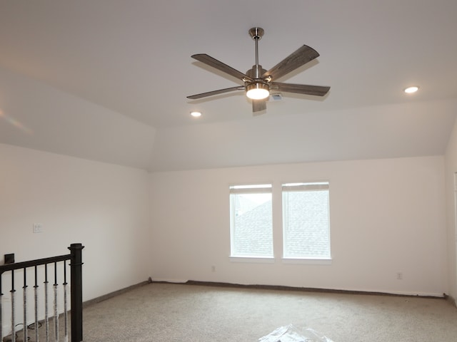 8634 Sun Coral Dr, Cypress, TX 77433 - bonus room featuring light colored carpet, ceiling fan, recessed lighting, and vaulted ceiling