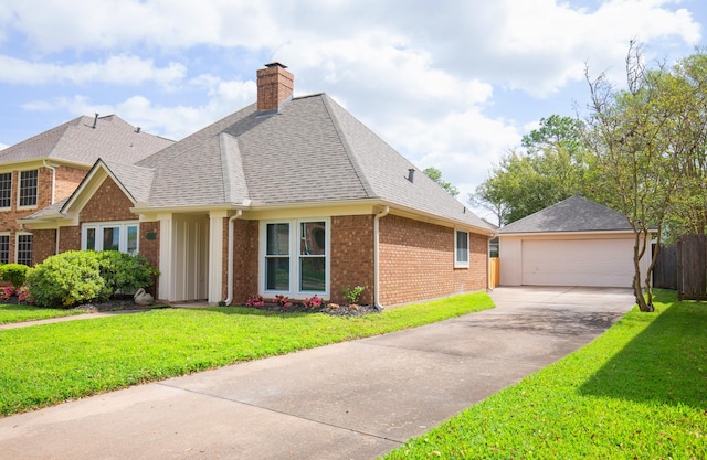 view of front of house with an outbuilding, brick siding, a front yard, and a shingled roof