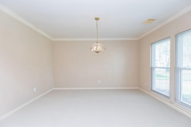 empty room with an inviting chandelier, baseboards, visible vents, and a wealth of natural light