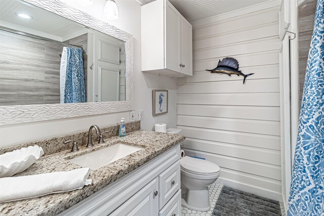 full bathroom with vanity, a shower with shower curtain, recessed lighting, tile patterned floors, and toilet