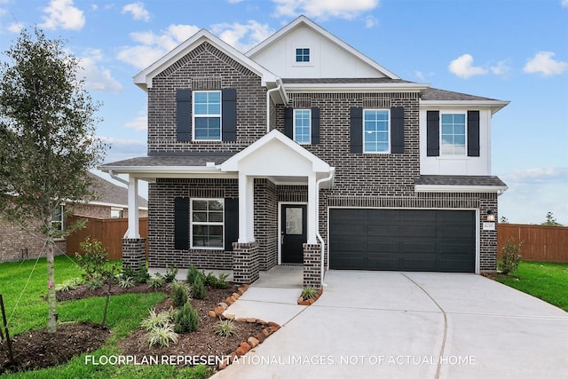 view of front of home with brick siding, concrete driveway, fence, and a garage