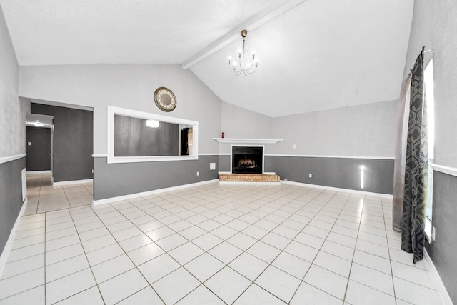 547 Walston Ln, Houston, TX 77060 - unfurnished living room with light tile patterned floors, a chandelier, a brick fireplace, and baseboards