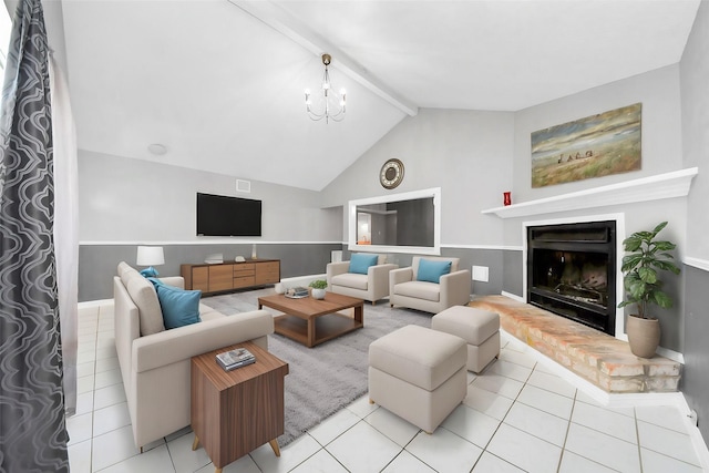 547 Walston Ln, Houston, TX 77060 - living room with light tile patterned floors, a chandelier, a brick fireplace, and baseboards