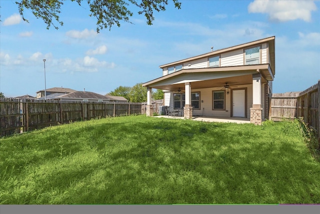 806 Sun Lodge Dr, Houston, TX 77073 - rear view of property with a fenced backyard, a yard, a patio, and a ceiling fan