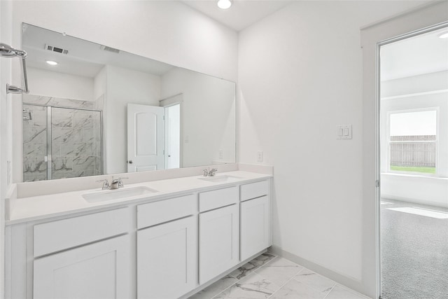 4314 Maple Root Ln, Pinehurst, TX 77362 - bathroom featuring a marble finish shower, marble finish flooring, double vanity, baseboards, and recessed lighting