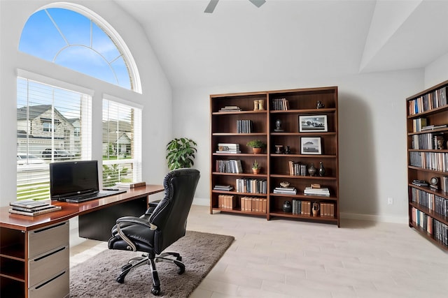 23507 Persimmon Creek Ln, Katy, TX 77493 - office area featuring lofted ceiling and a ceiling fan