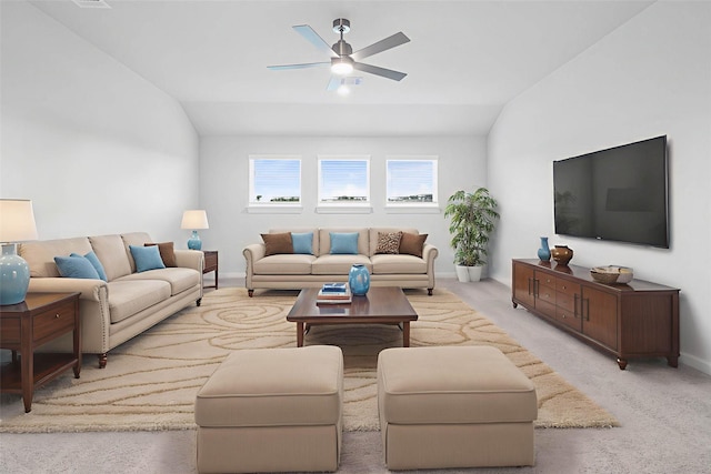 23507 Persimmon Creek Ln, Katy, TX 77493 - living room with vaulted ceiling, ceiling fan, and light colored carpet
