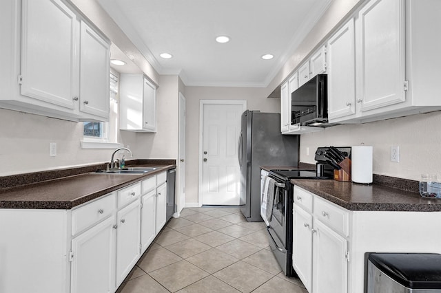 kitchen featuring ornamental molding, a sink, range with electric stovetop, black microwave, and dishwasher
