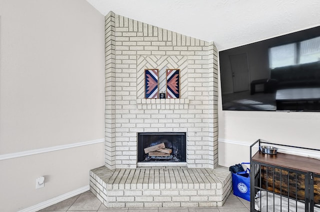 living room featuring tile patterned flooring, a fireplace, and vaulted ceiling
