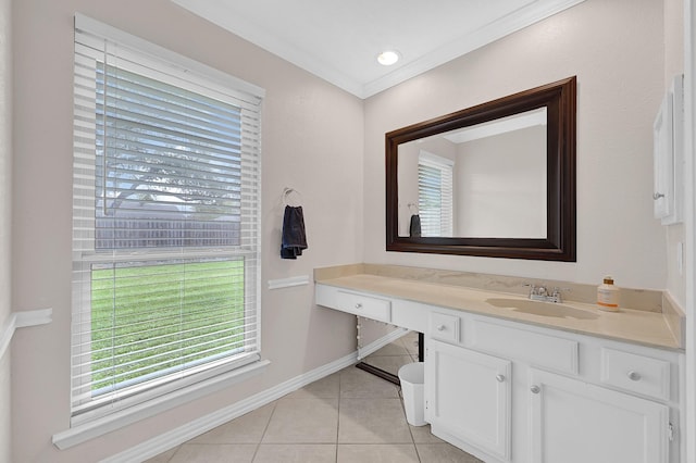 bathroom with ornamental molding, recessed lighting, tile patterned flooring, baseboards, and vanity