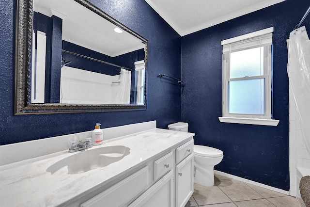 full bathroom with curtained shower, toilet, a textured wall, tile patterned floors, and vanity