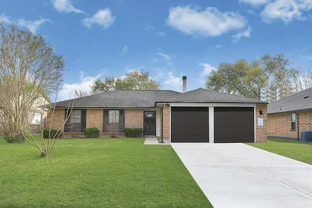 ranch-style home with brick siding, a shingled roof, a front lawn, a garage, and driveway