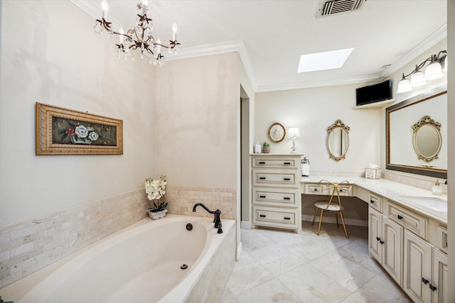 4106 Childress St, Houston, TX 77005 - bathroom featuring visible vents, a bath, ornamental molding, vanity, and a skylight
