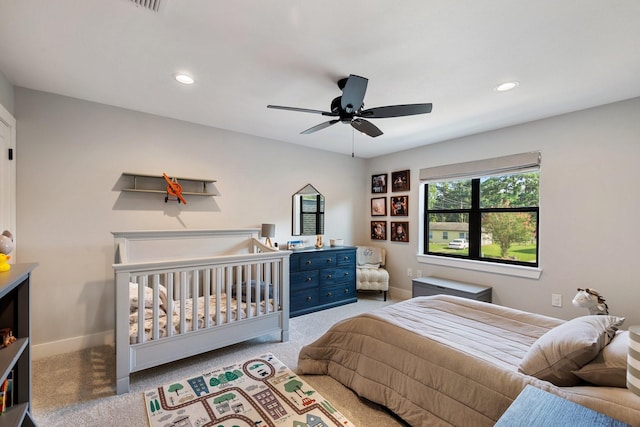 bedroom featuring baseboards, carpet, recessed lighting, and ceiling fan