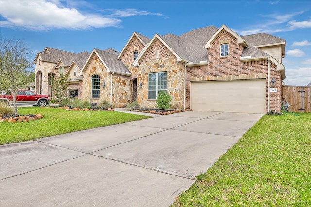 23509 Red Juniper Ln, New Caney, TX 77357 - french country style house featuring driveway, stone siding, brick siding, and a shingled roof