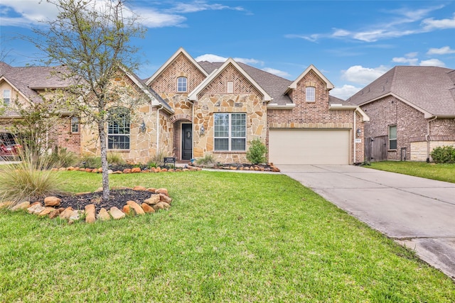 23509 Red Juniper Ln, New Caney, TX 77357 - view of front of home with concrete driveway, a front yard, and stone siding