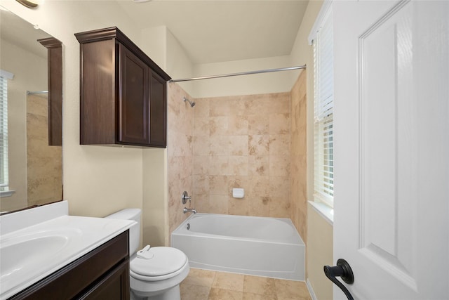 full bath with vanity, shower / tub combination, and toilet