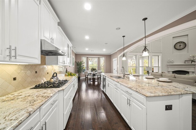 kitchen with a sink, under cabinet range hood, ornamental molding, appliances with stainless steel finishes, and dark wood-style flooring