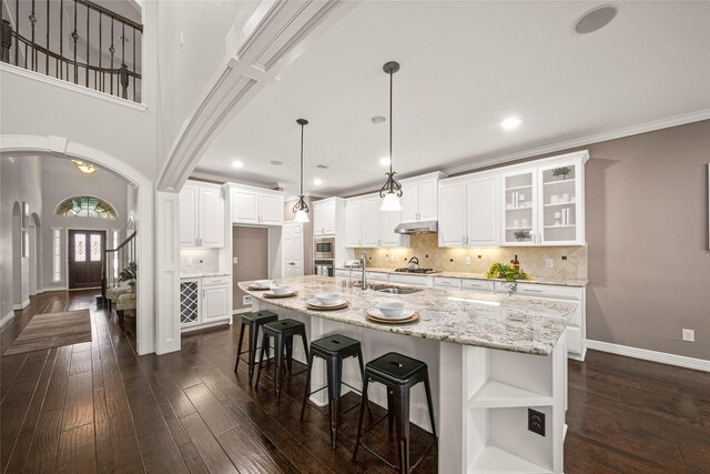 kitchen with open shelves, dark wood-type flooring, under cabinet range hood, and stainless steel appliances