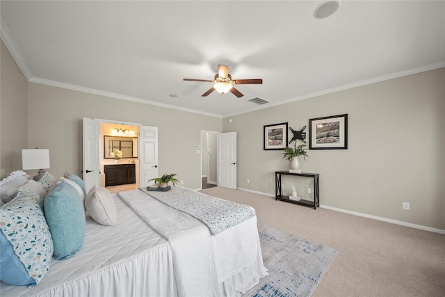 bedroom with visible vents, crown molding, light colored carpet, and baseboards